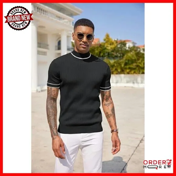 Men's Mock Turtleneck Sweater Short Sleeve Ribbed Knit Pullover